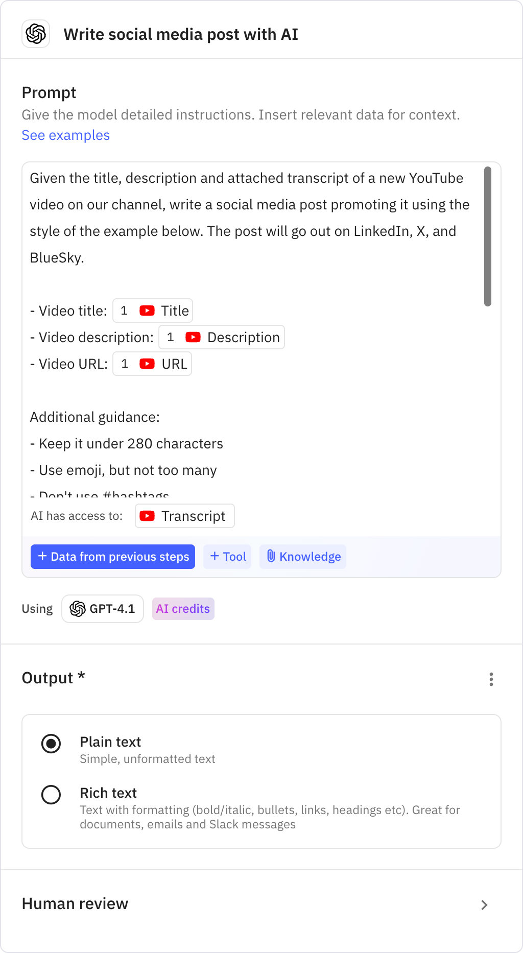 Relay.app screenshot of: Write social media post with AI
