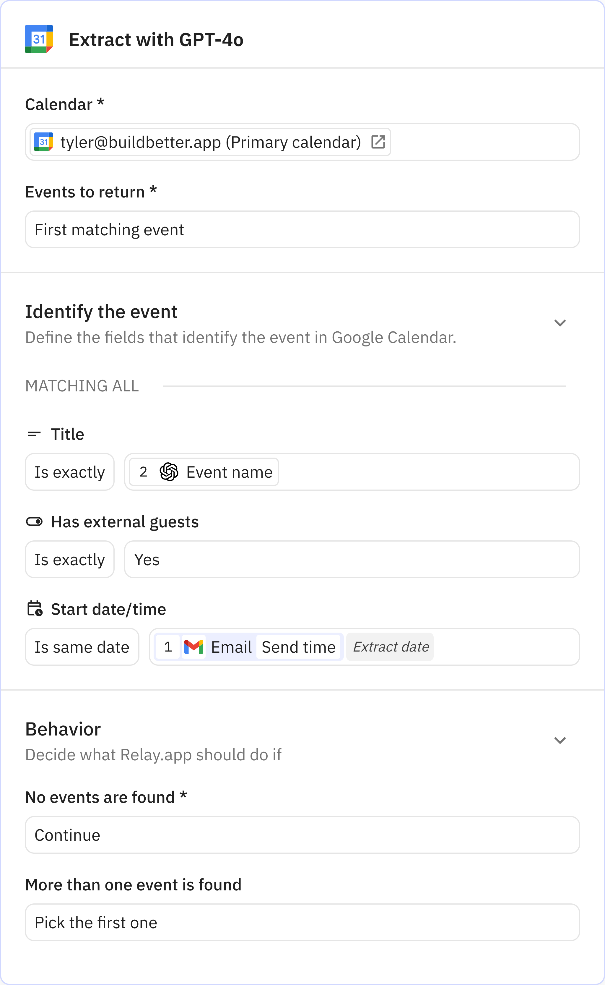 Relay.app screenshot of: Find event(s)