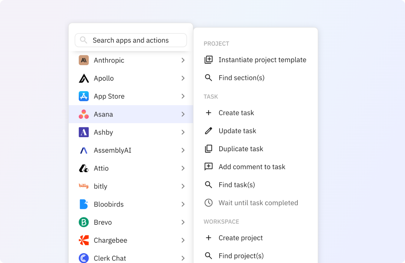 Preview of Use any of these Asana actions in your Relay.app workflows.