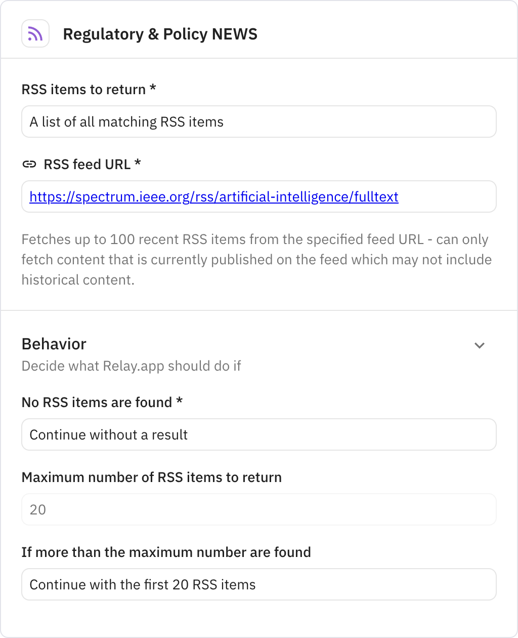 Relay.app screenshot of: Regulatory & Policy NEWS