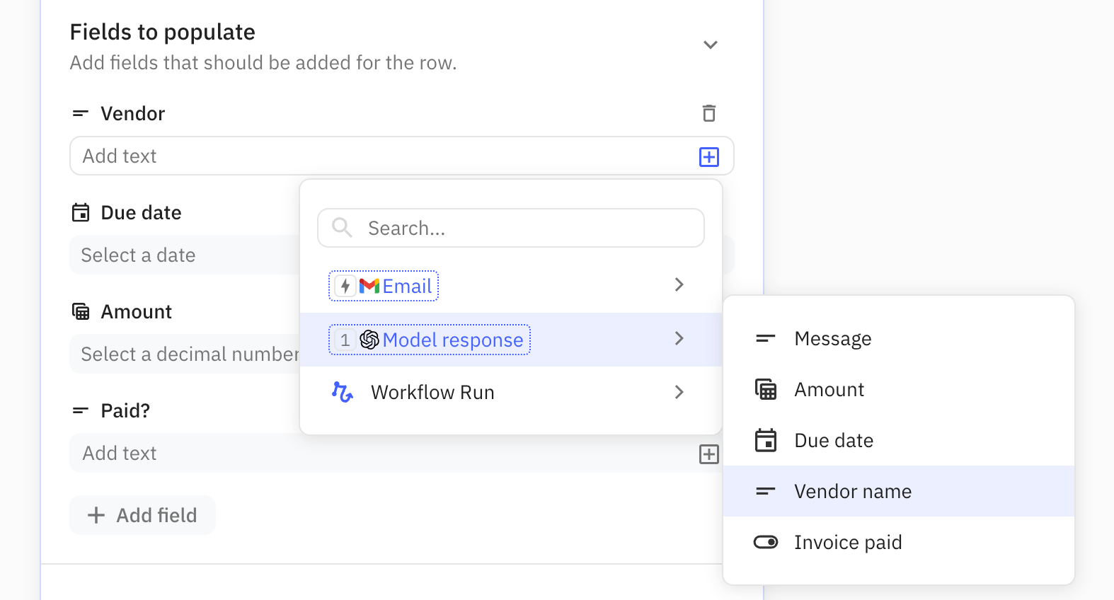 Wire up the outputs from the AI model into the spreadsheet fields