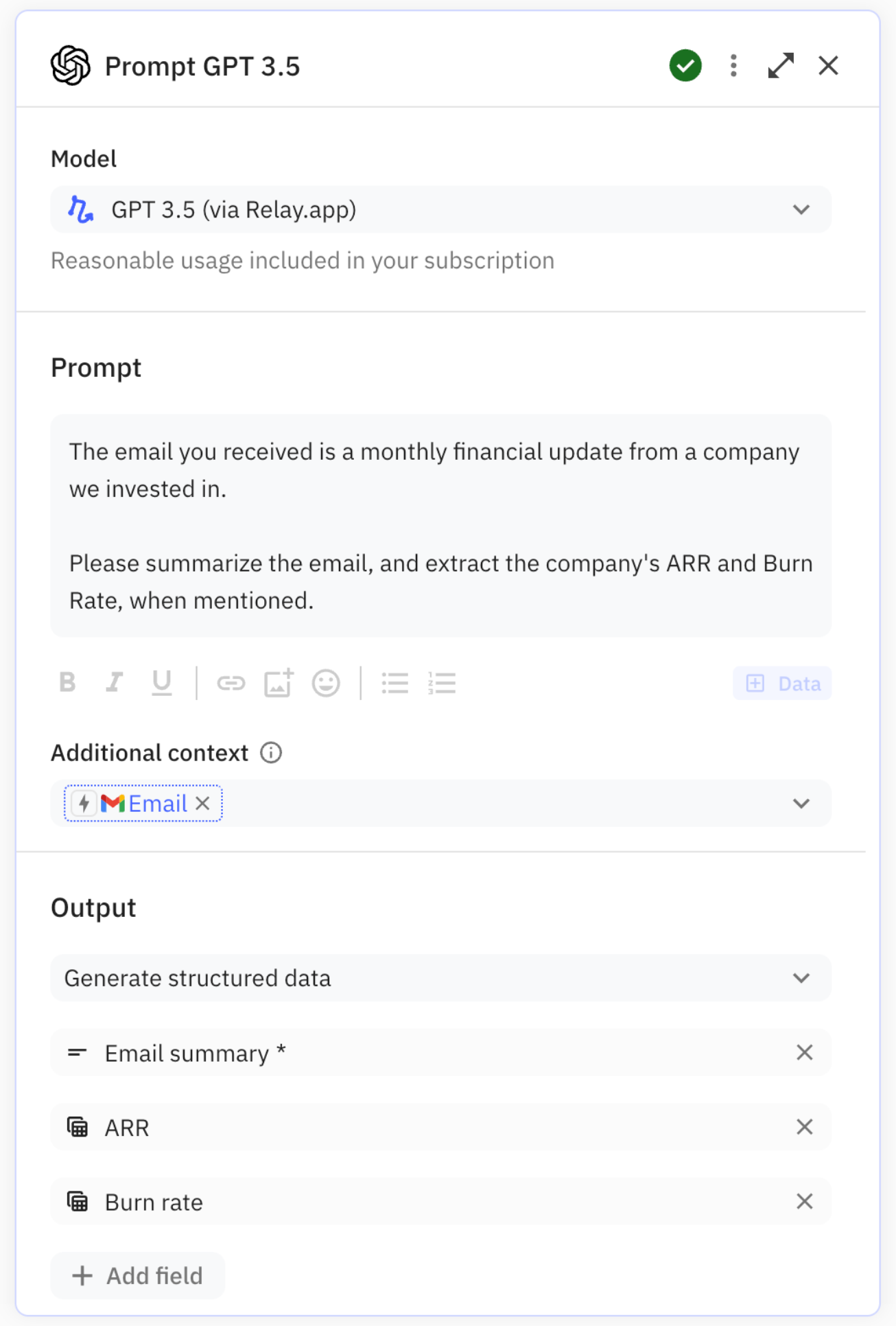 Define custom outputs for AI steps in Relay.app
