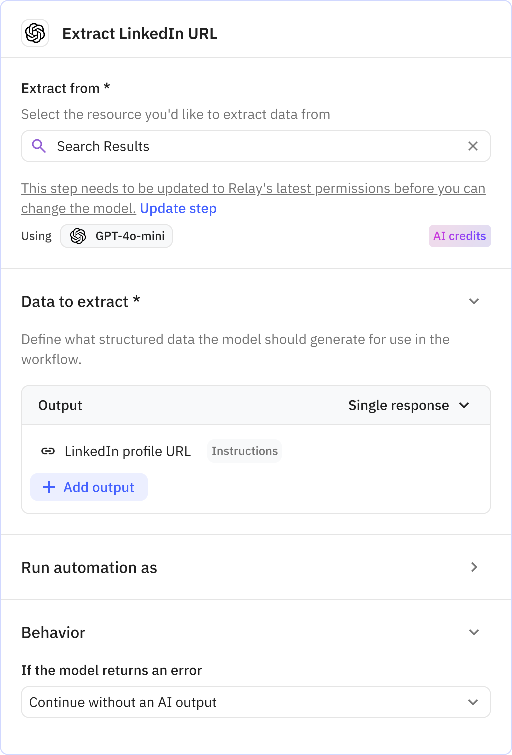 Relay.app screenshot of: Extract LinkedIn URL