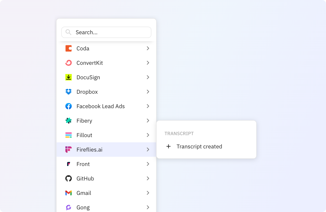 Use Relay.app's Fireflies.ai integration to trigger actions for each transcript
