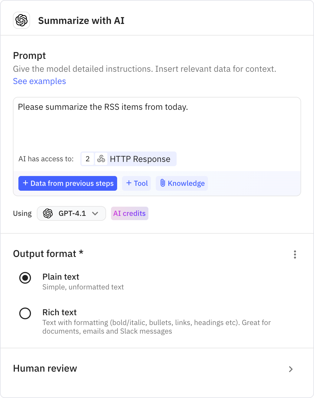 Relay.app screenshot of: Summarize with AI