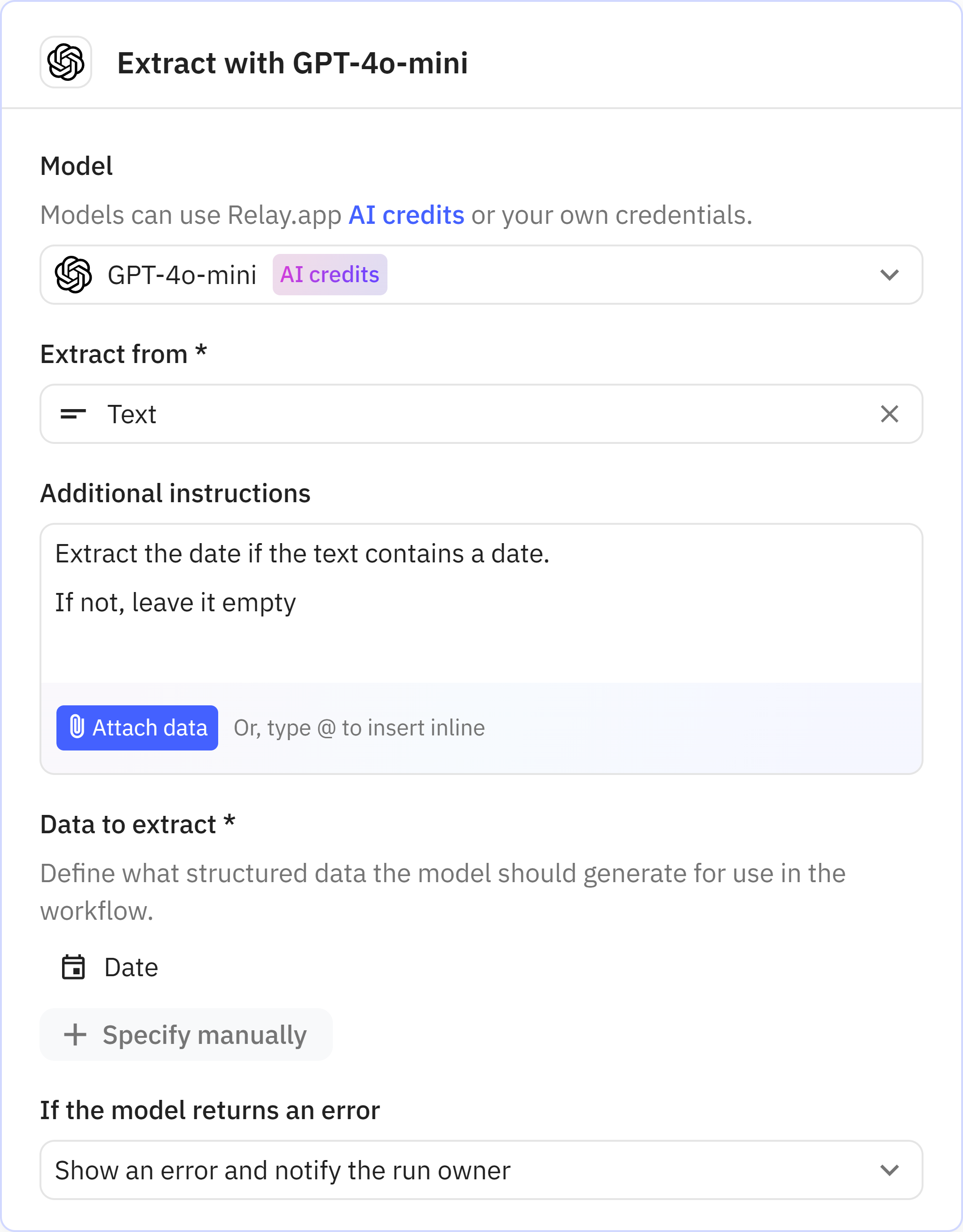 Relay.app screenshot of: Extract with GPT-4o-mini