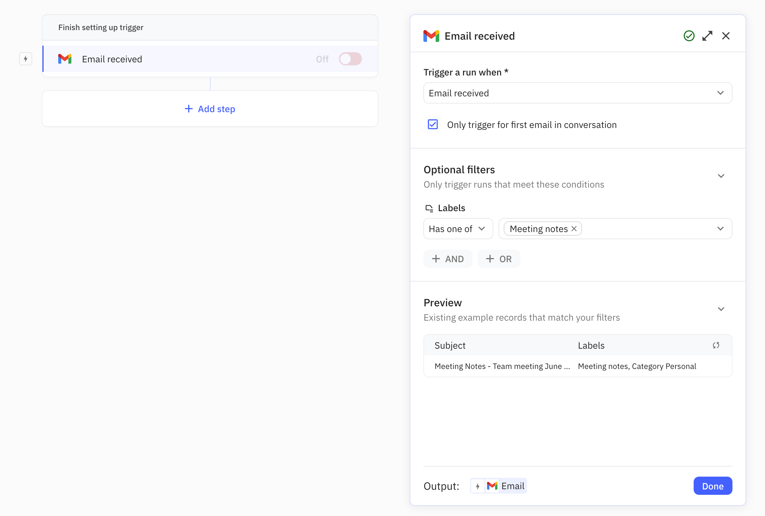 Configuring the email received trigger