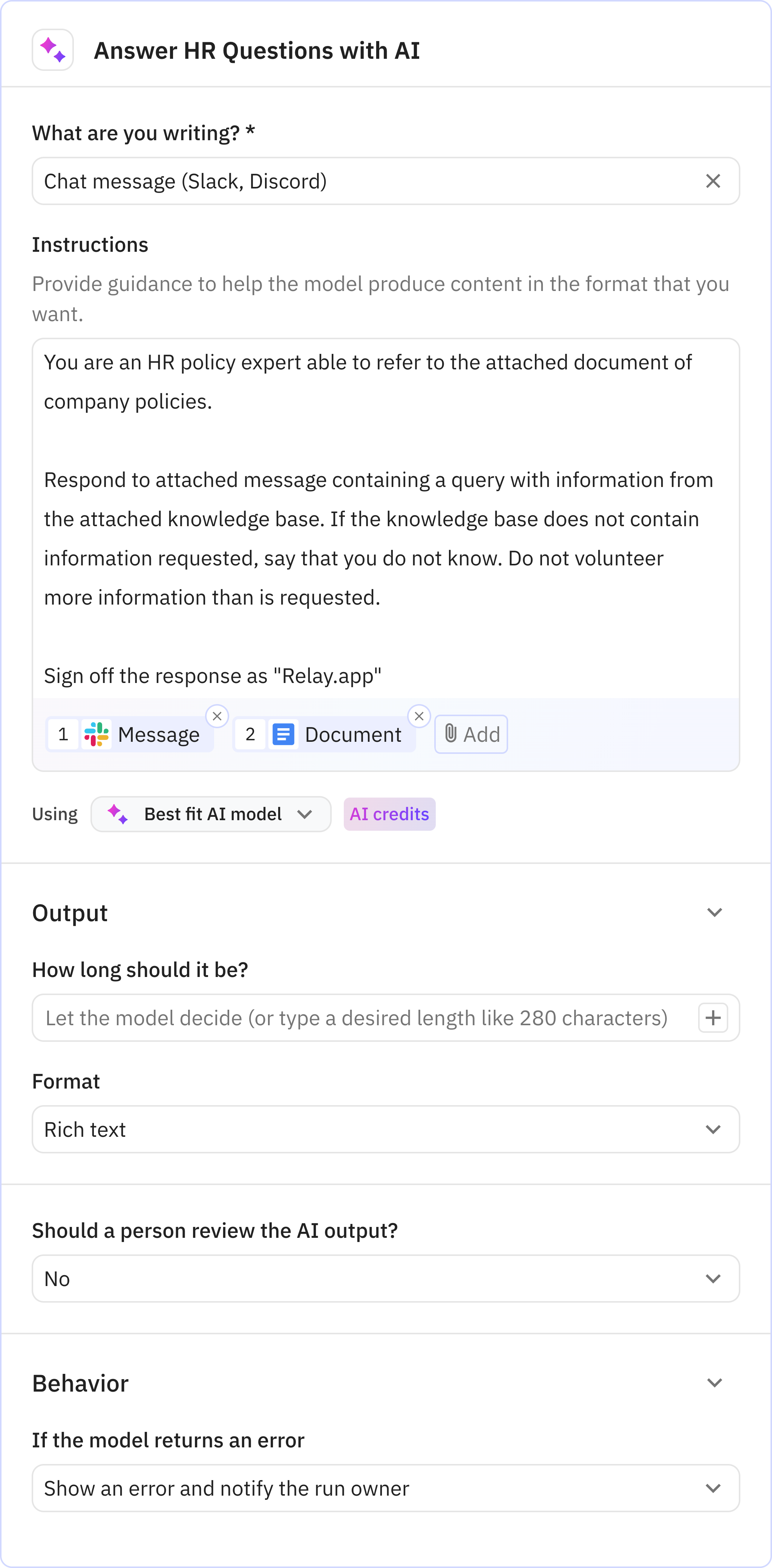 Relay.app screenshot of: Answer HR Questions with AI