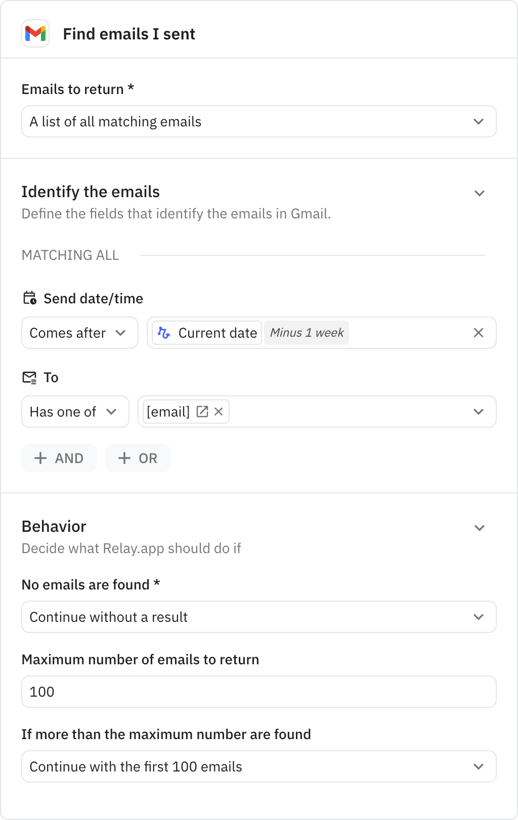 Relay.app screenshot of: Find emails I sent