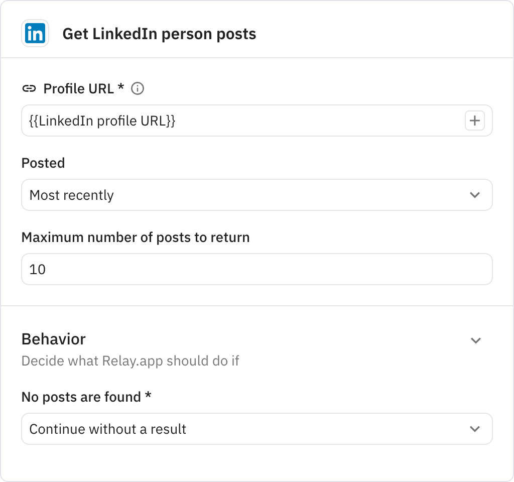 Relay.app screenshot of: Get LinkedIn person posts