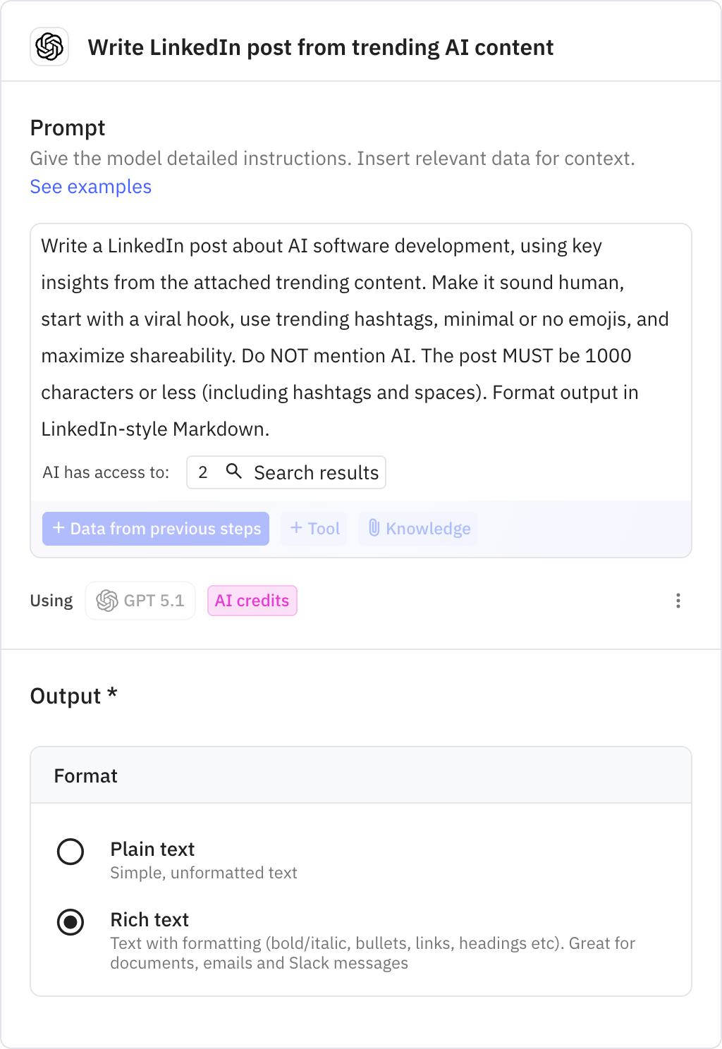 Relay.app screenshot of: Write LinkedIn post from trending AI content