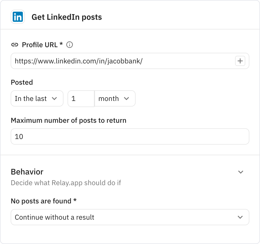 Relay.app screenshot of: Get LinkedIn posts