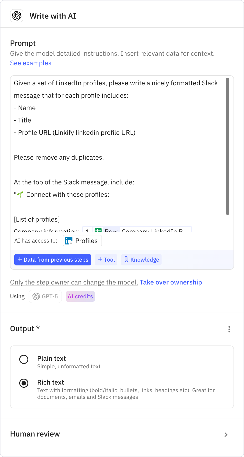 Relay.app screenshot of: Write with AI