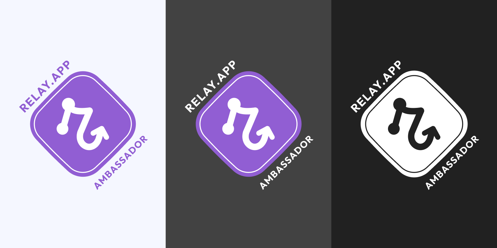 Preview of three Relay.app ambassador badge styles