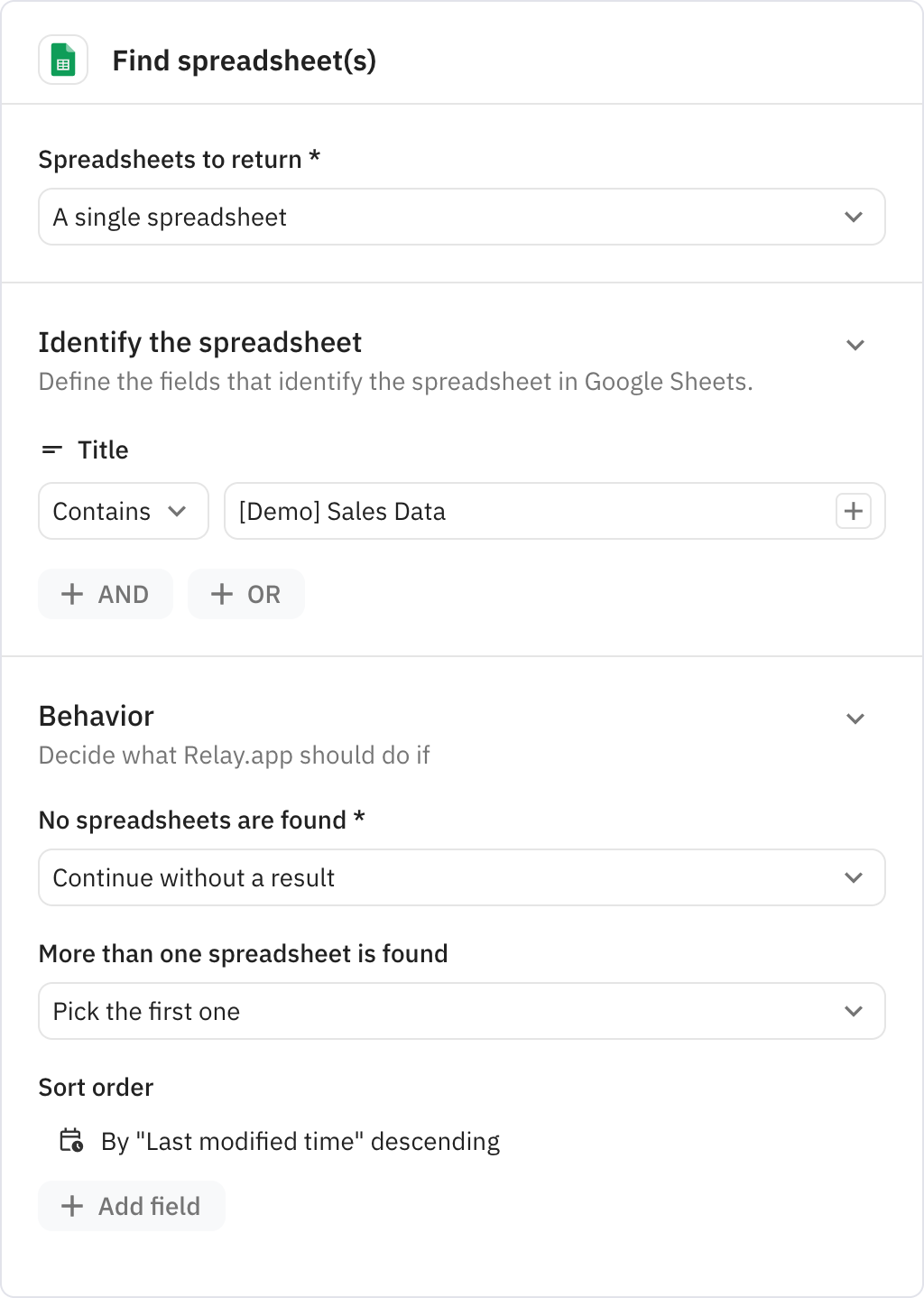Relay.app screenshot of: Find spreadsheet(s)