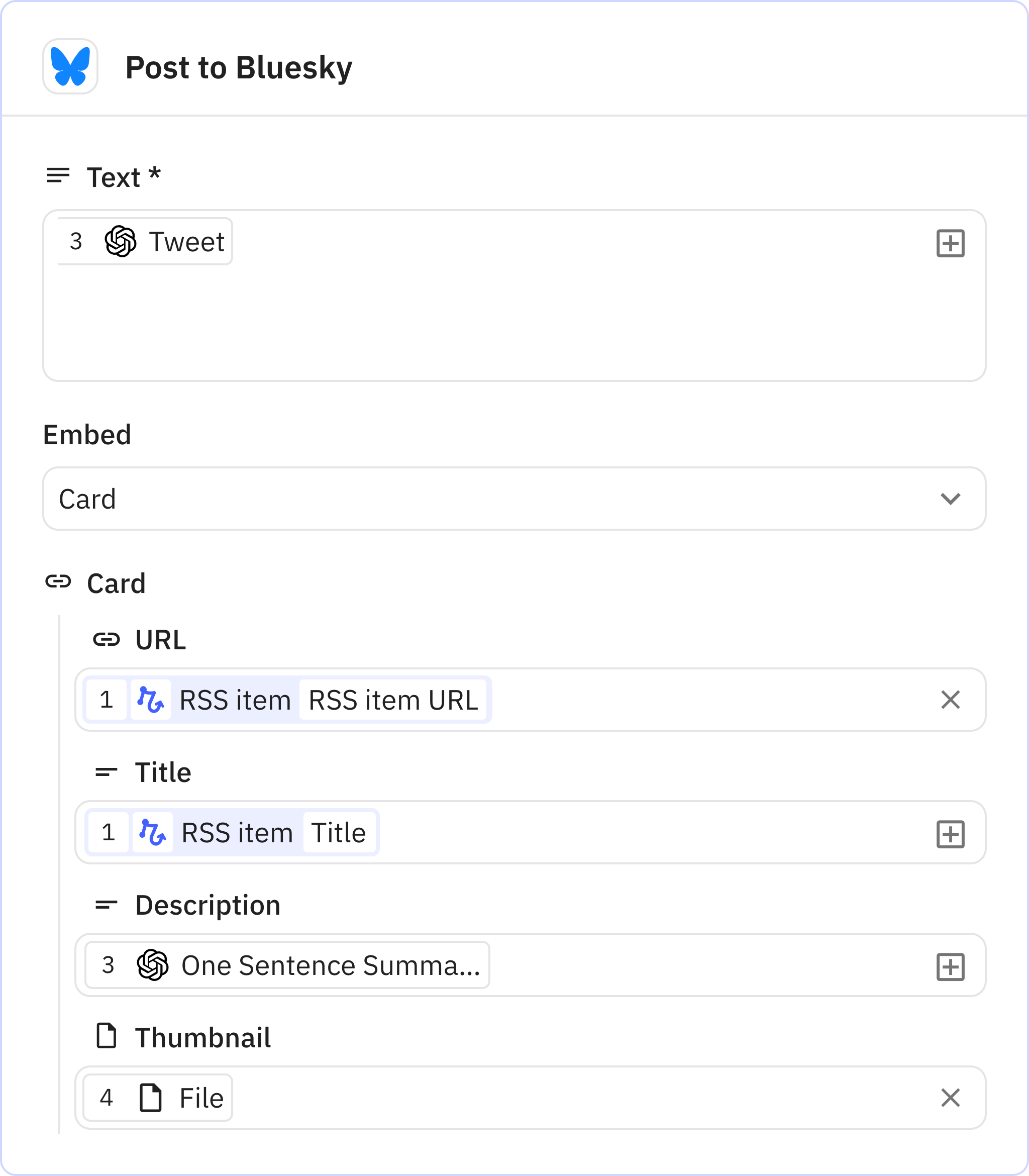 Relay.app screenshot of: Post to Bluesky