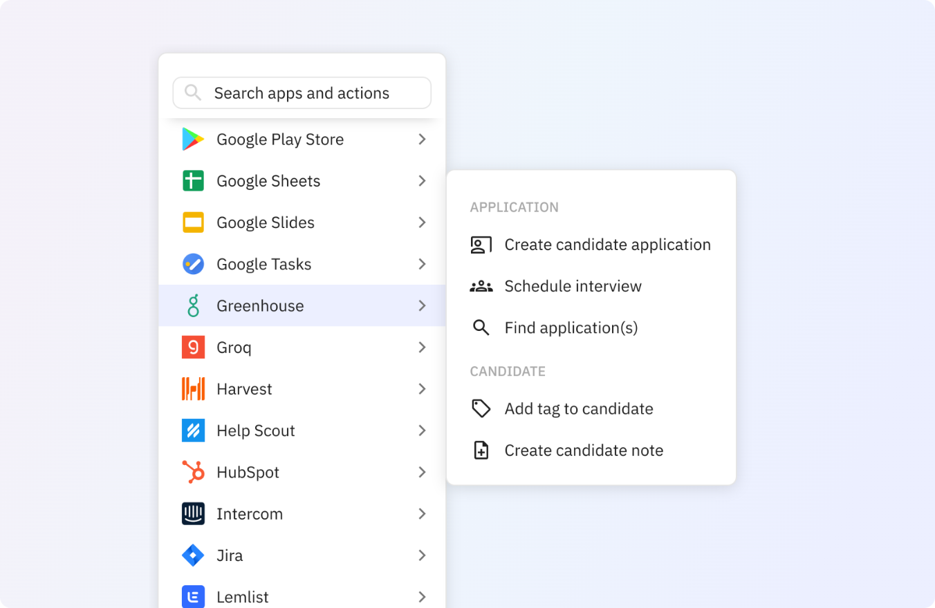 Preview of Use any of these Greenhouse actions in your Relay.app workflows.