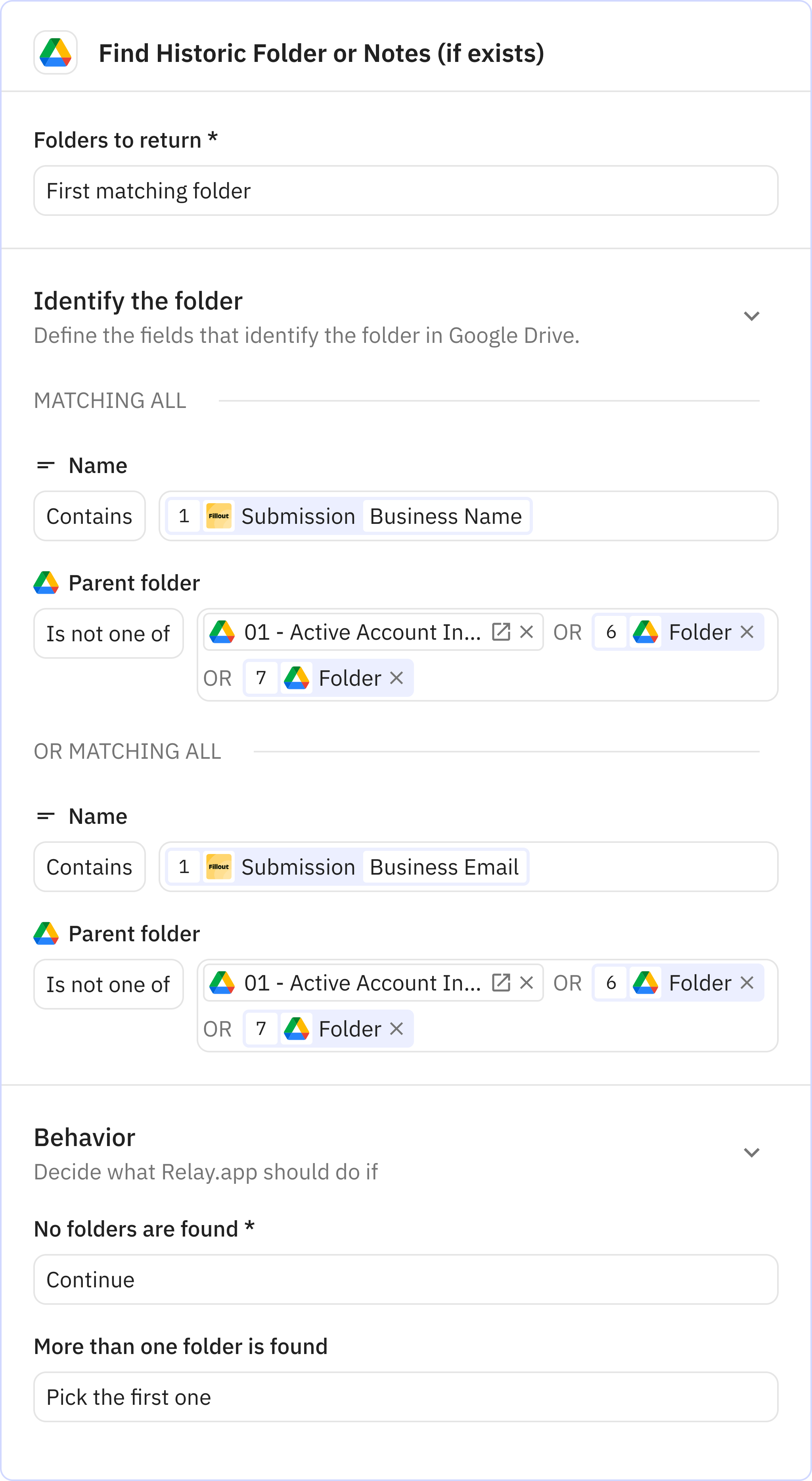 Relay.app screenshot of: Find Historic Folder or Notes (if exists)