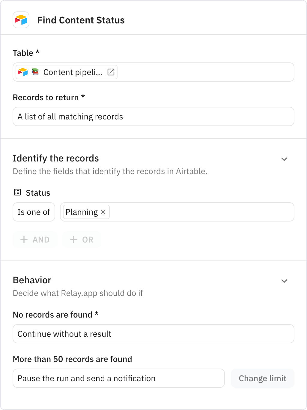 Relay.app screenshot of: Find Content Status