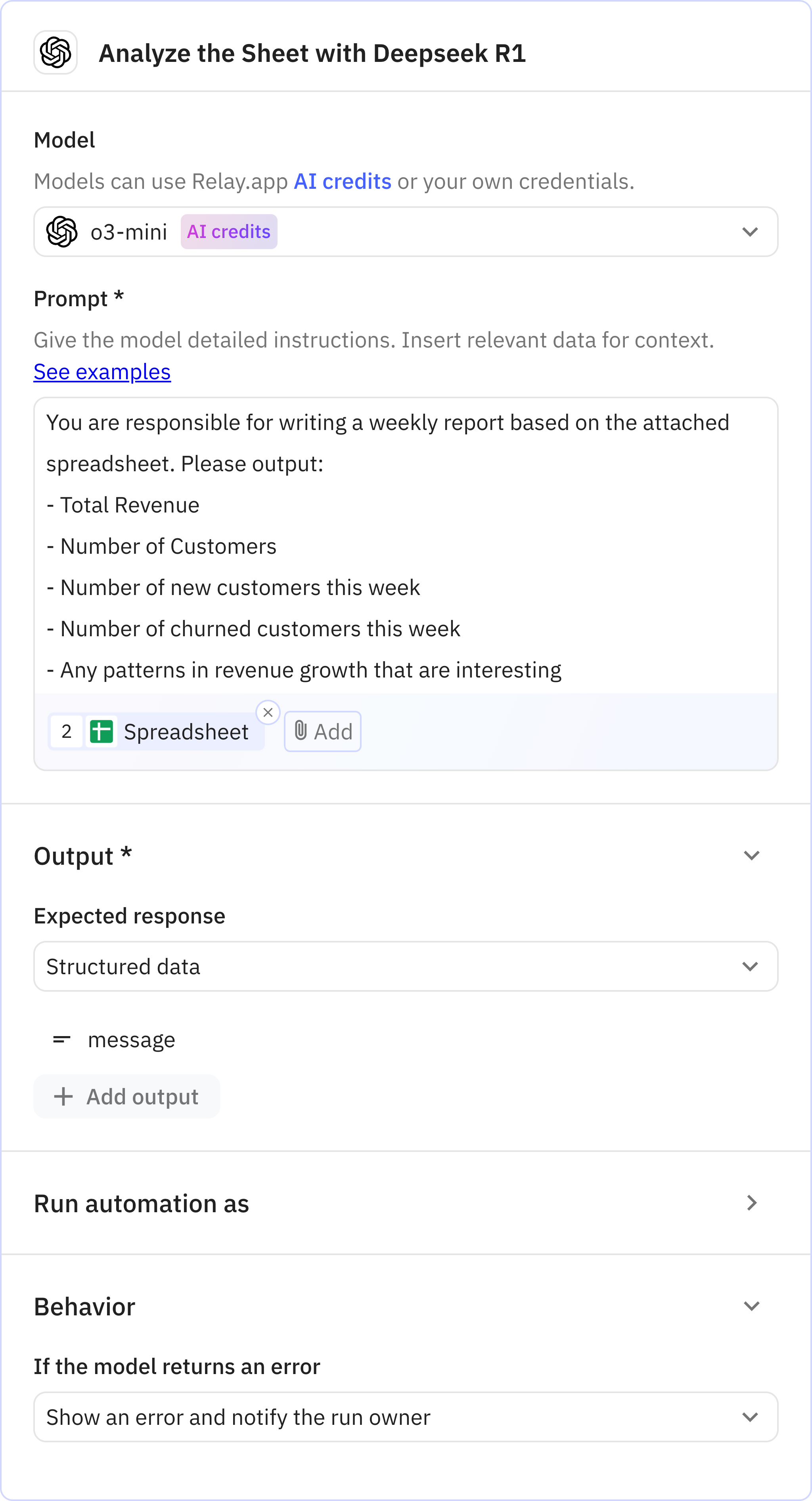 Relay.app screenshot of: Step 3: Analyze the Sheet with Deepseek R1