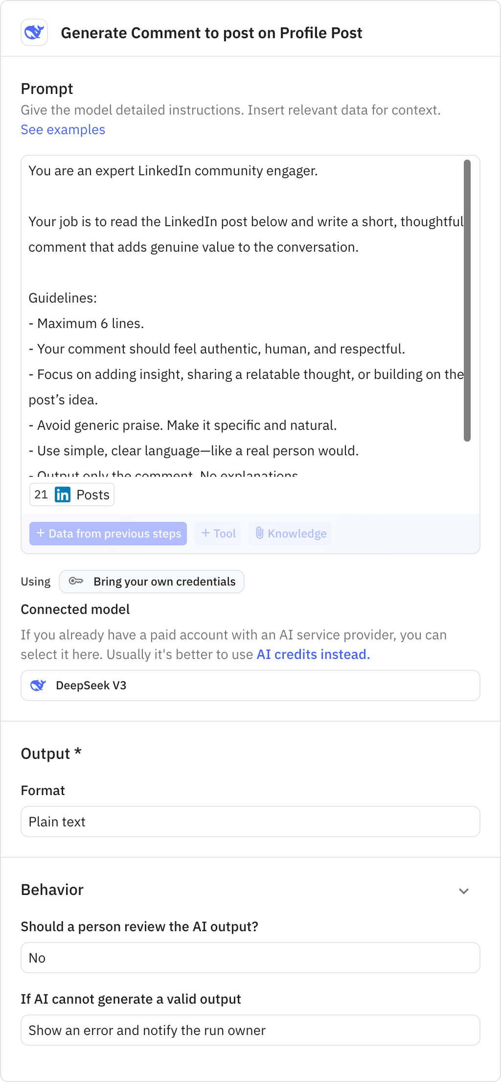 Relay.app screenshot of: Generate Comment to post on Profile Post