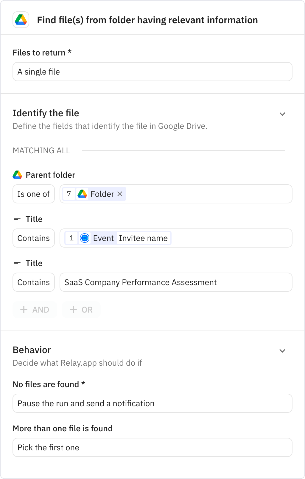 Relay.app screenshot of: Find file(s) from folder having relevant information