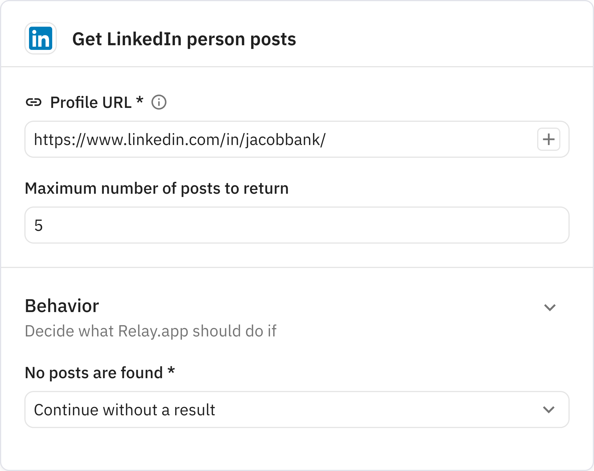 Relay.app screenshot of: Get LinkedIn person posts