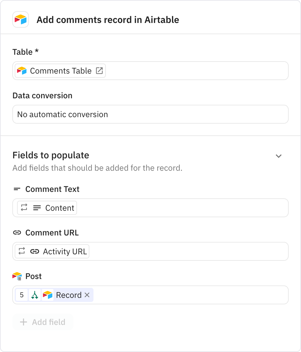 Relay.app screenshot of: Add comments record in Airtable