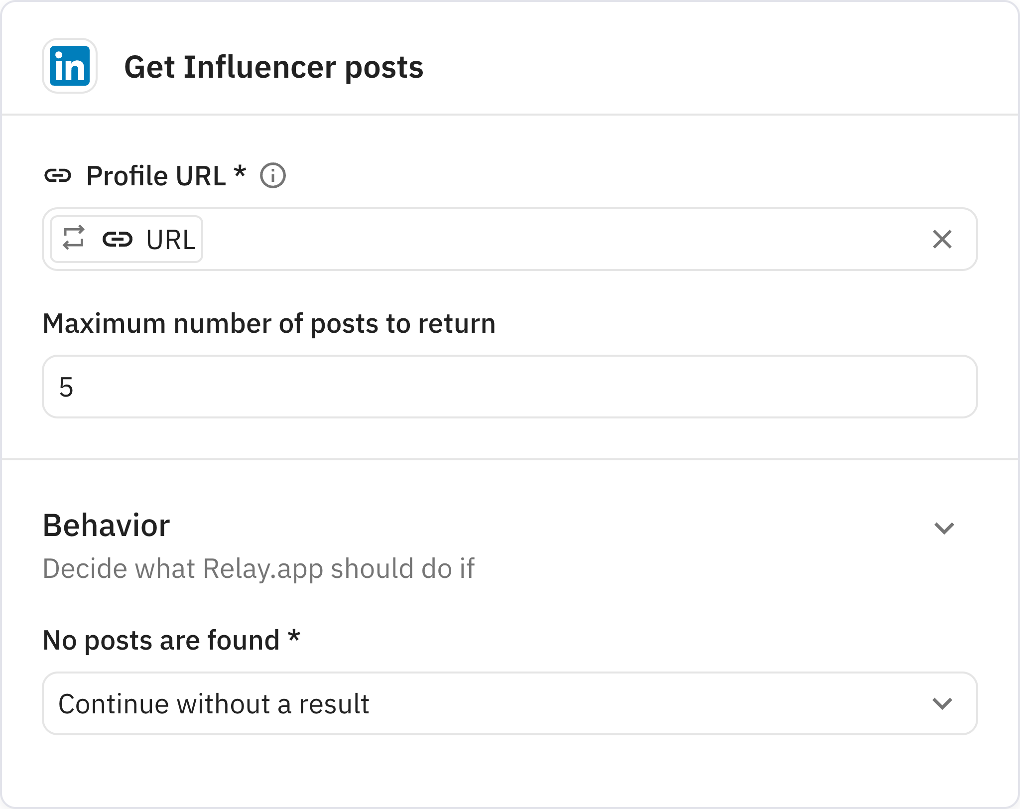 Relay.app screenshot of: Get Influencer posts