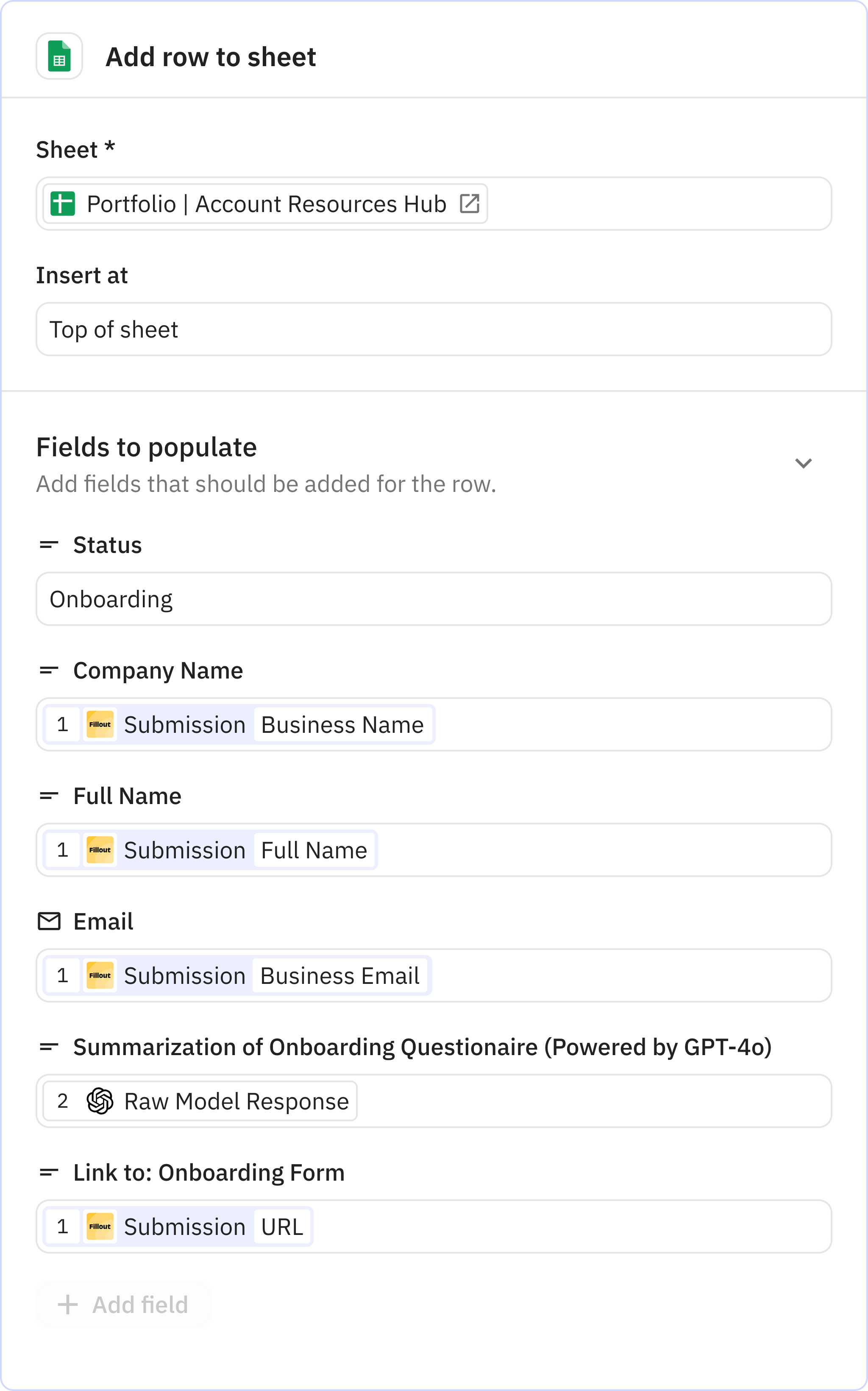 Relay.app screenshot of: Add row to sheet