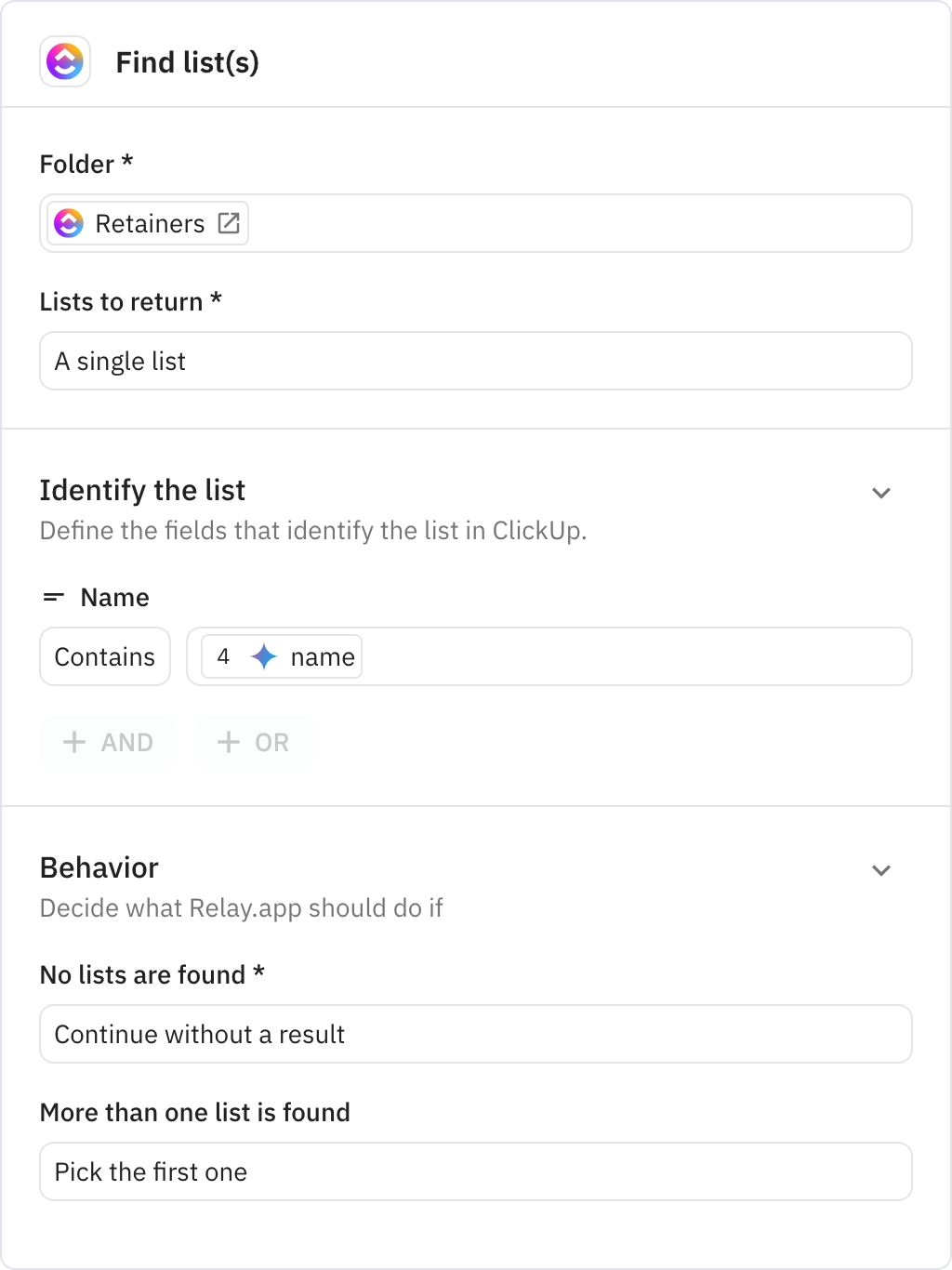 Relay.app screenshot of: Find list(s)