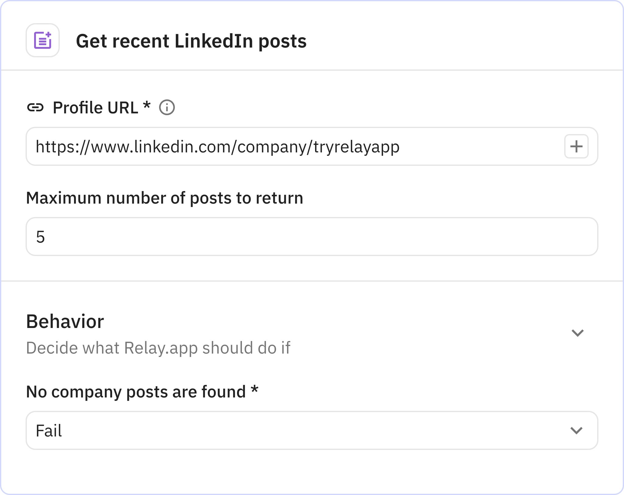Relay.app screenshot of: Get recent LinkedIn posts