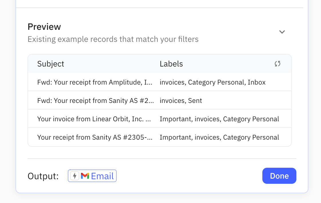 The 'Preview' section shows recent emails that match the specified trigger filters