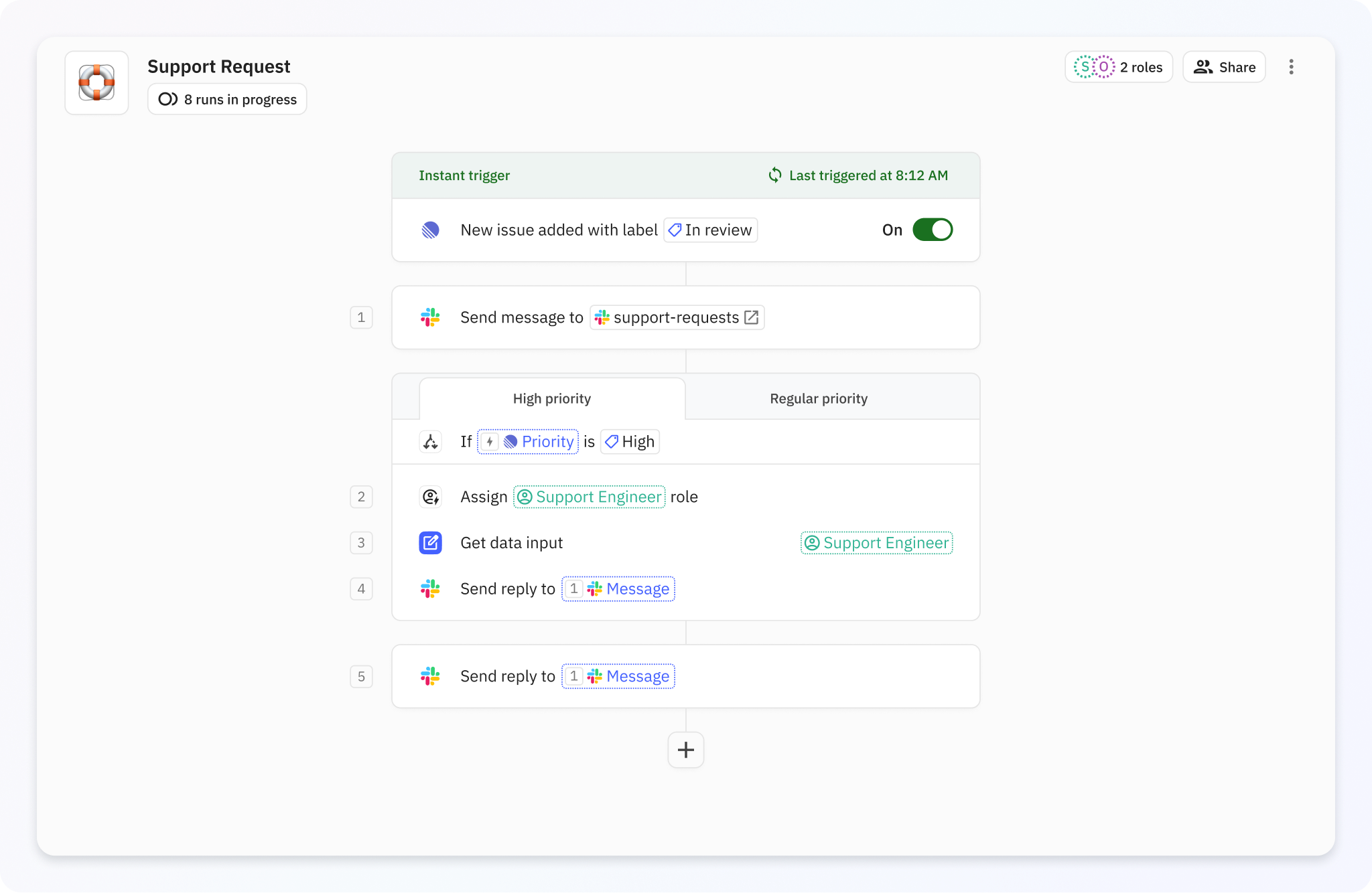 Screenshot of a Relay.app playbook for handling support requests