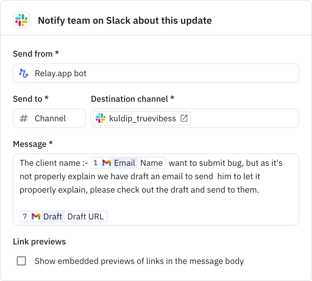 Relay.app screenshot of: Notify team on Slack about this update