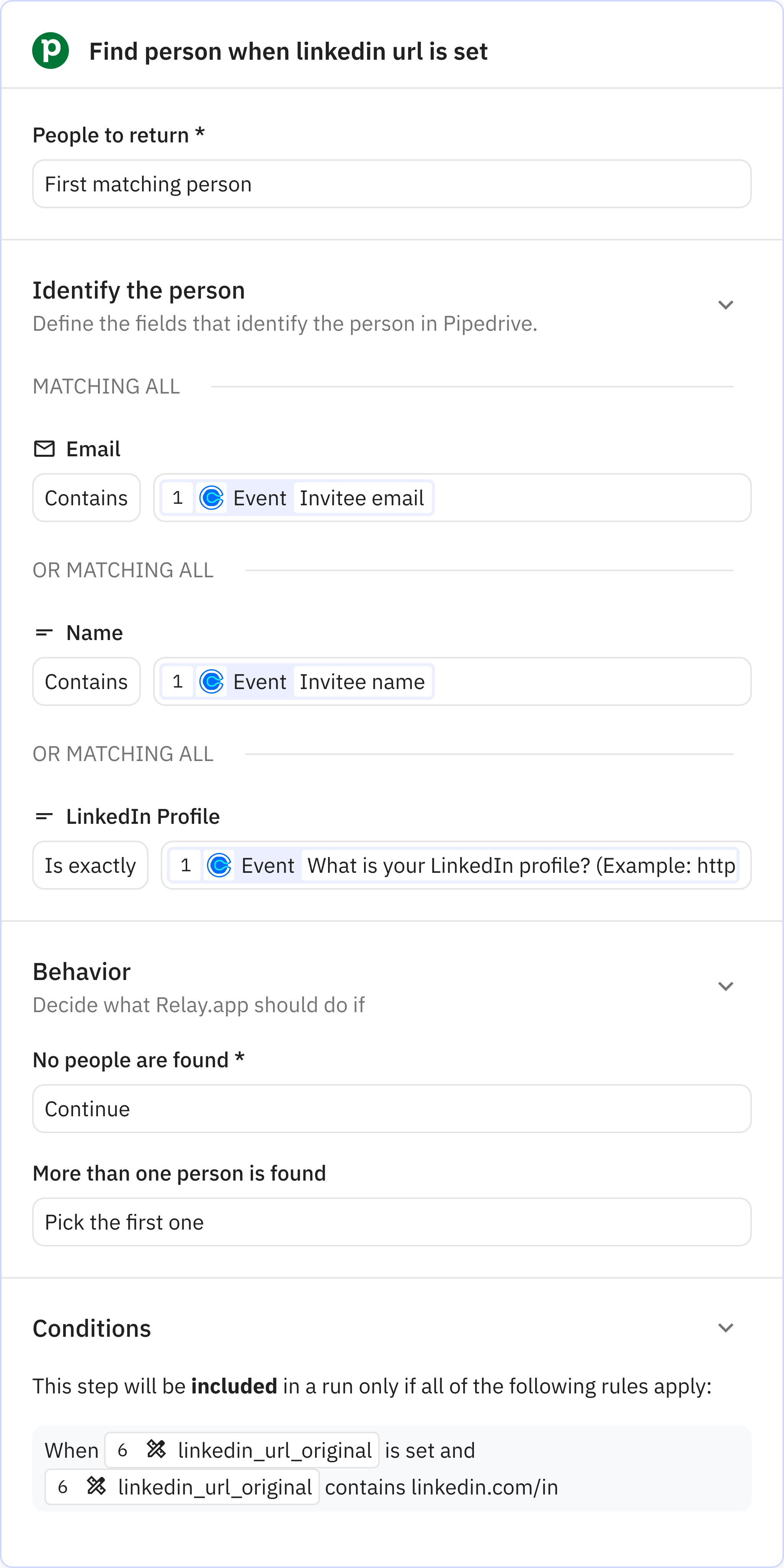 Relay.app screenshot of: Find person when linkedin url is set