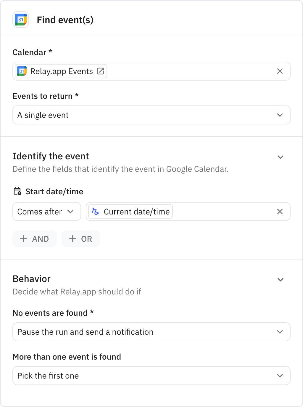 Relay.app screenshot of: Find event(s)