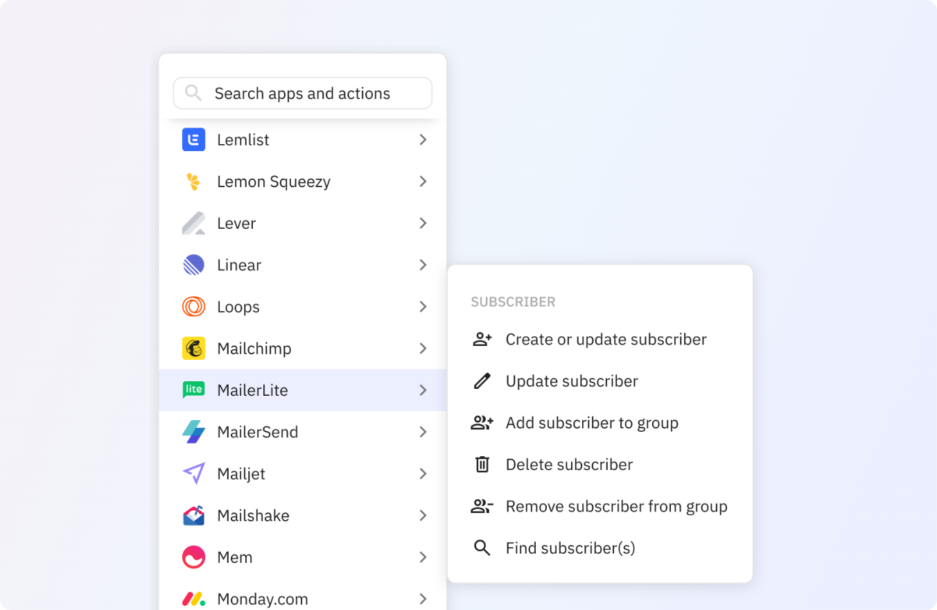 Preview of Use any of these MailerLite actions in your Relay.app workflows