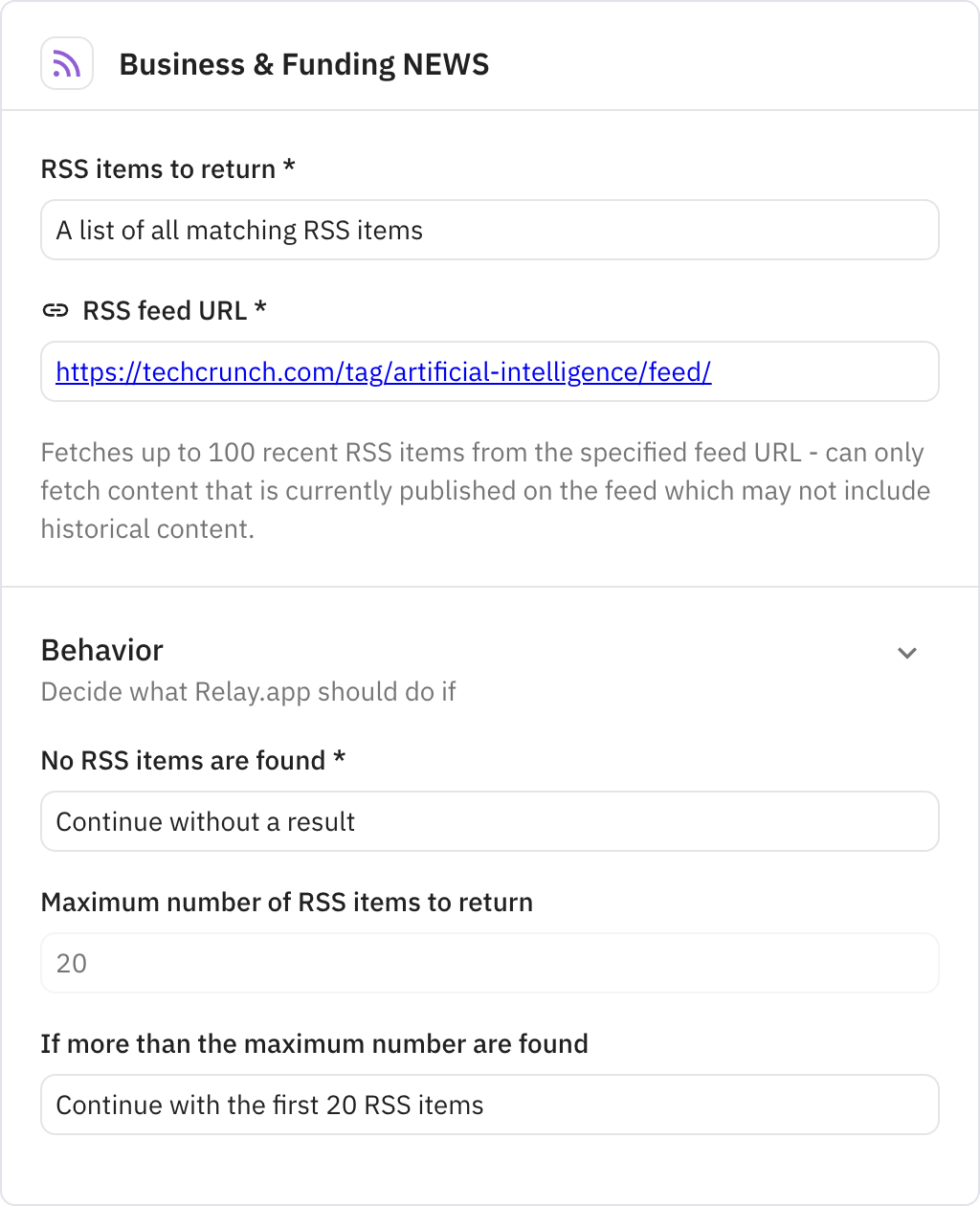 Relay.app screenshot of: Business & Funding NEWS