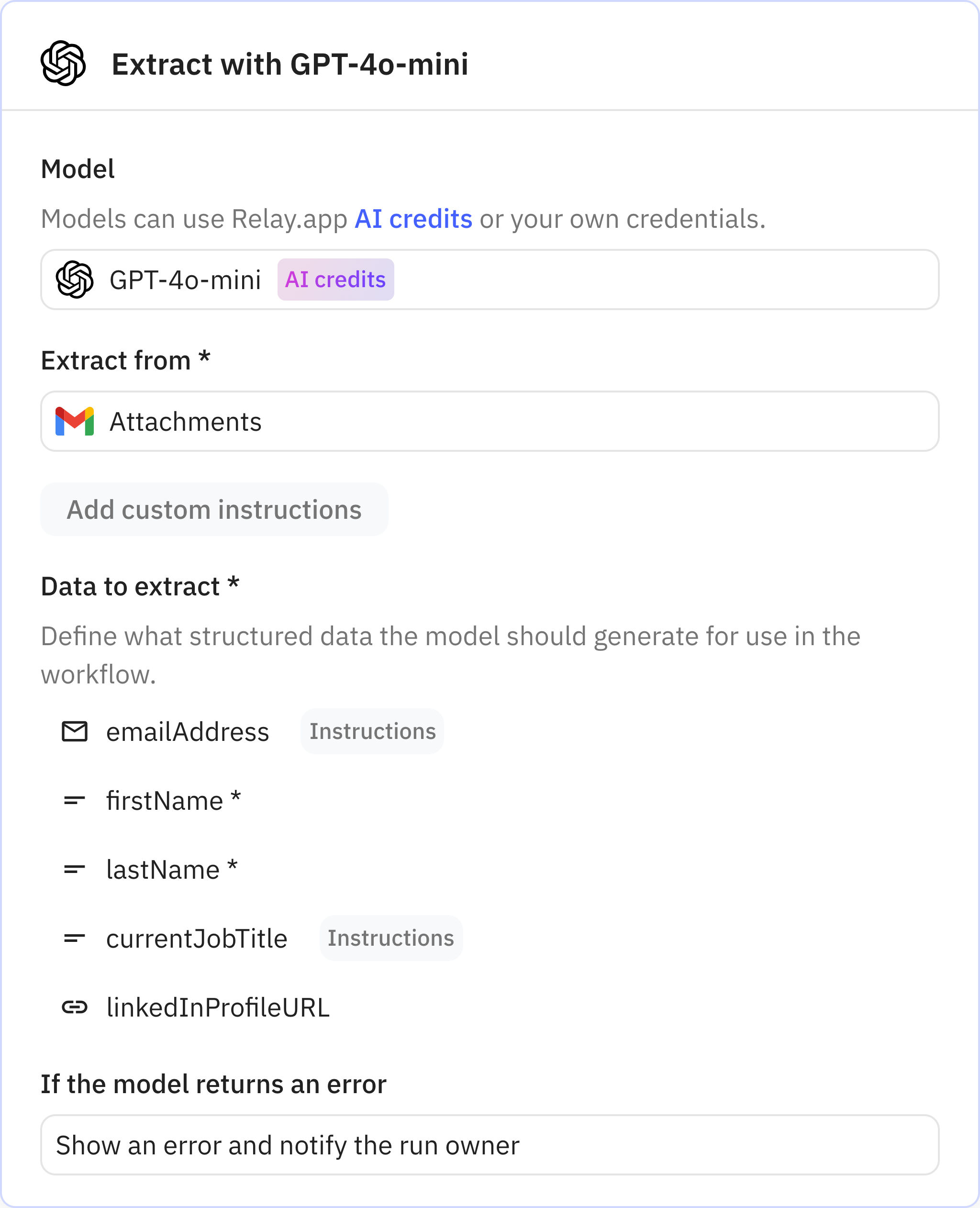 Relay.app screenshot of: Extract with GPT-4o-mini