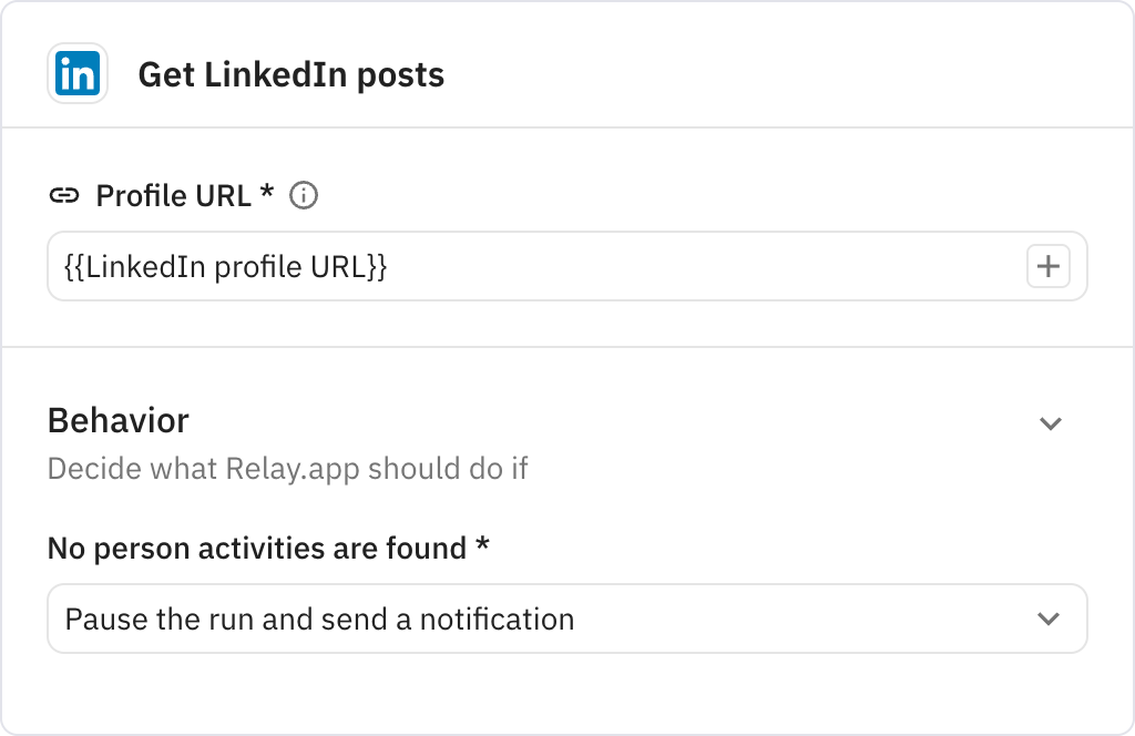 Relay.app screenshot of: Get LinkedIn posts