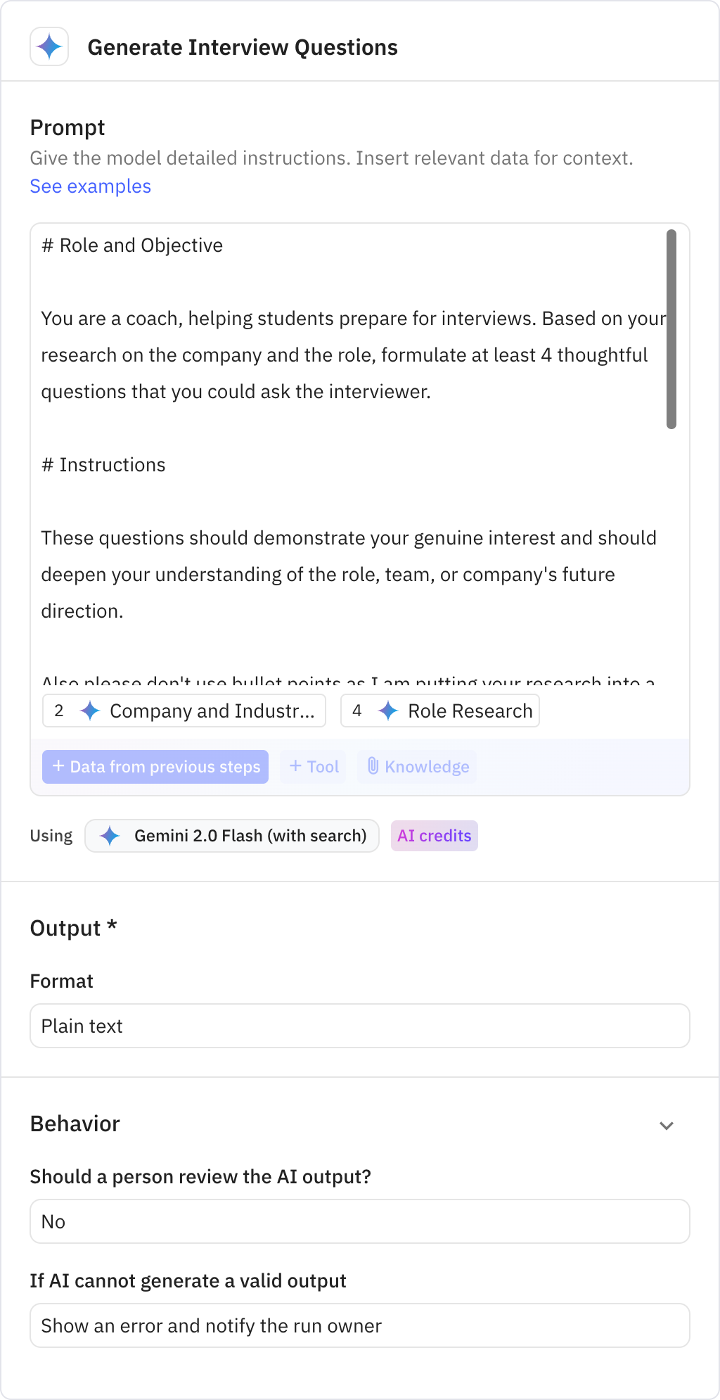Relay.app screenshot of: Generate Interview Questions