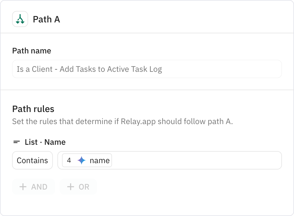 Relay.app screenshot of: Is a Client - Add Tasks to Active Task Log