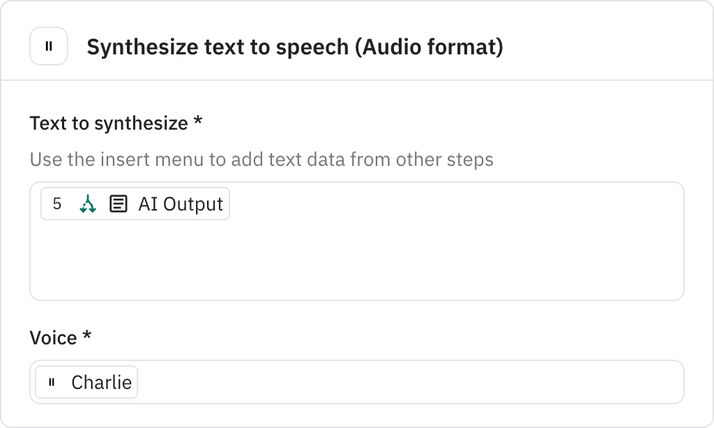 Relay.app screenshot of: Synthesize text to speech (Audio format)
