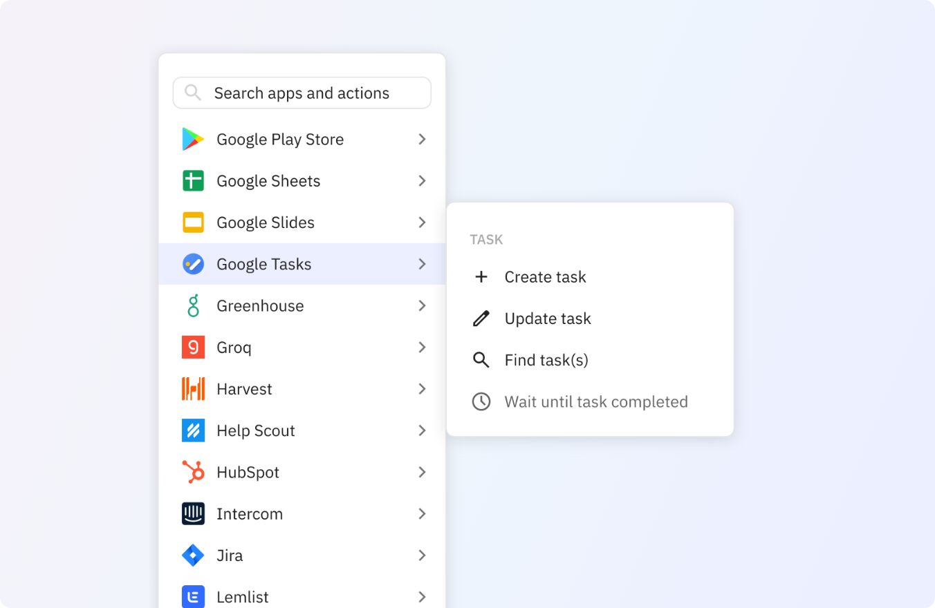 Preview of Use any of these Google Tasks actions in your Relay.app workflows