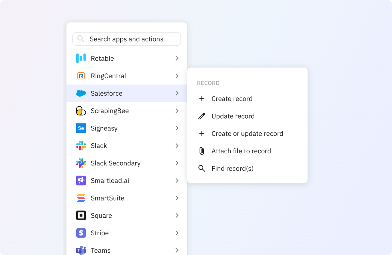 Preview of Use any of these Salesfoce actions in your Relay.app workflows.