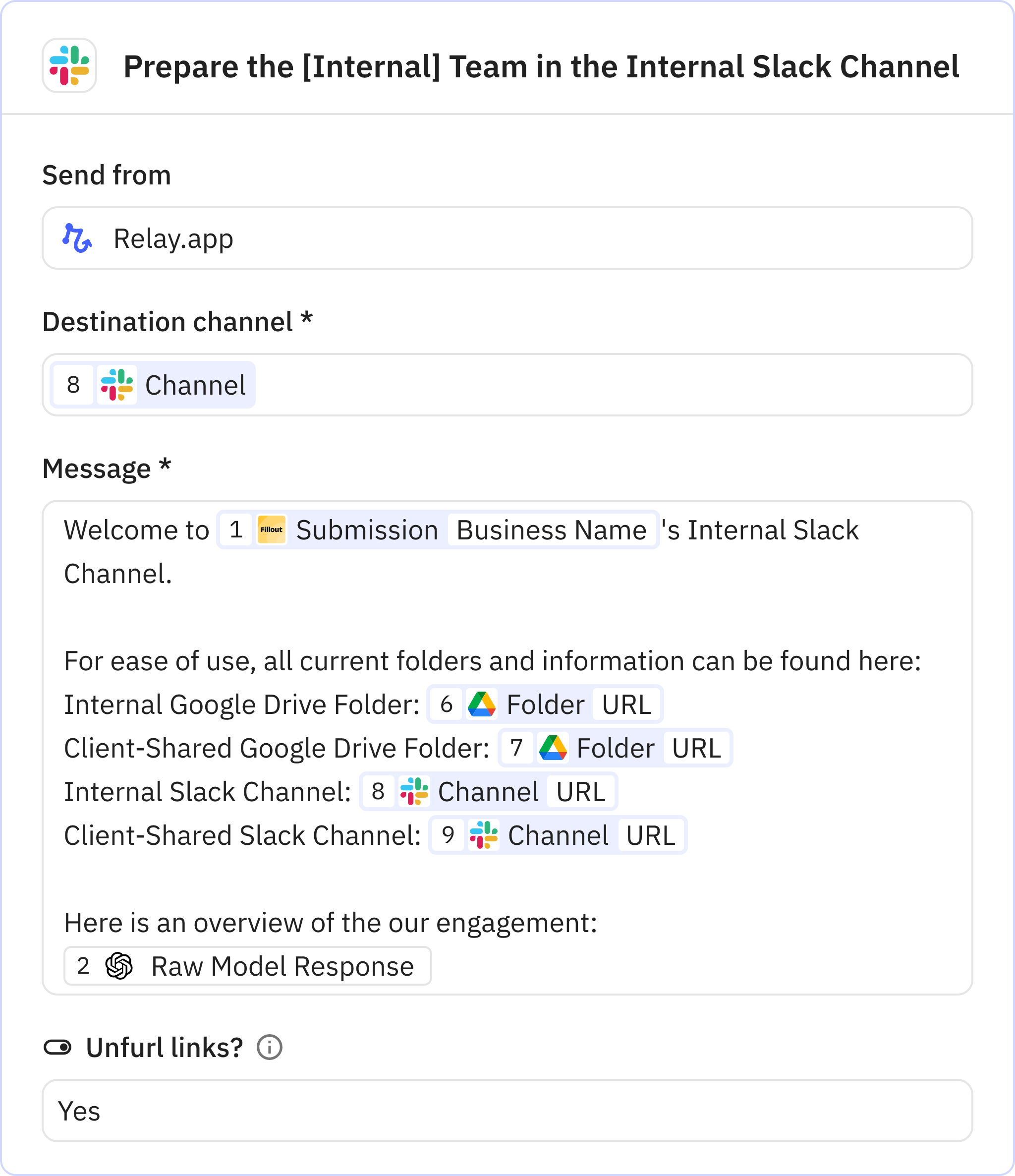 Relay.app screenshot of: Prepare the [Internal] Team in the Internal Slack Channel