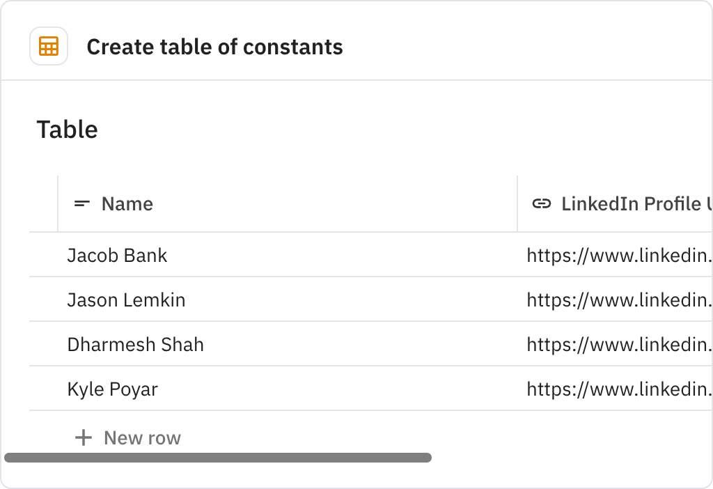 Relay.app screenshot of: Create table of constants