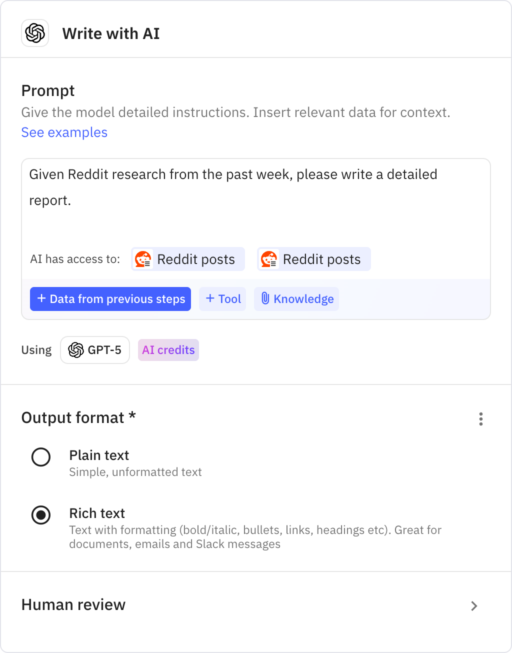 Relay.app screenshot of: Write with AI