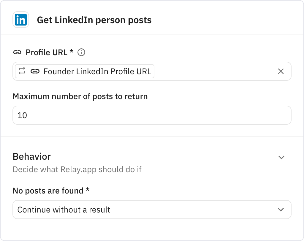 Relay.app screenshot of: Get LinkedIn person posts